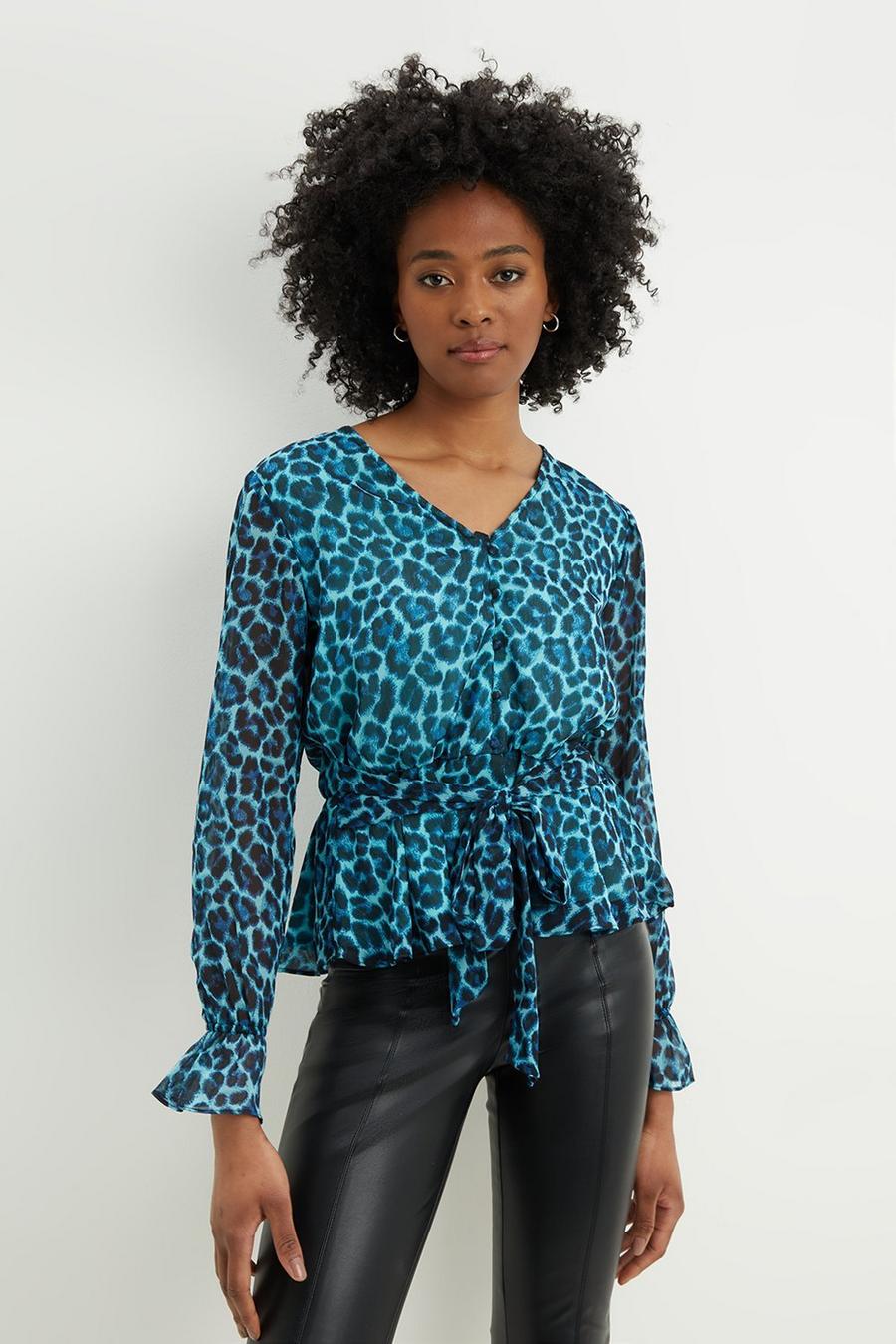 Tall Blue Leopard Print Chiffon Tie Waist Top