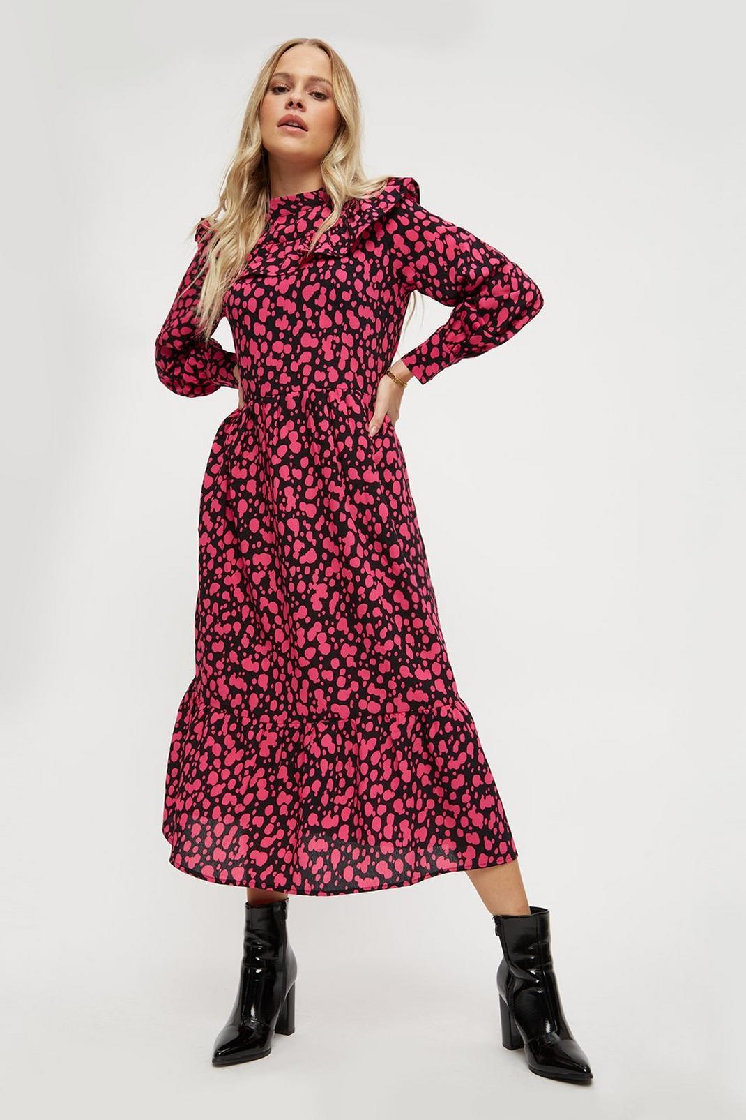 Black Petite Pink Spot Ruffle Yoke Midi Dress image number 1