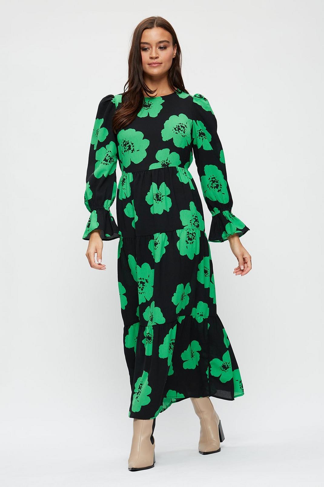 105 Green Floral Tie Back Midi Dress image number 2