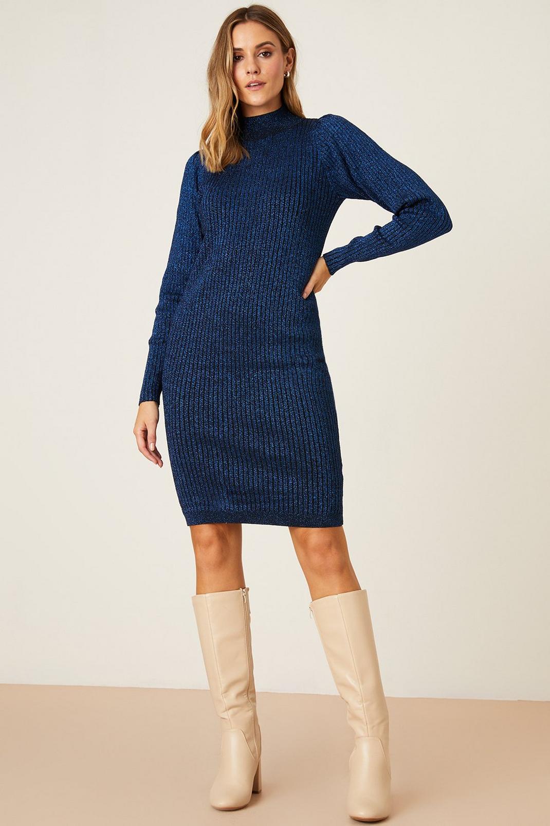 Navy Knitted Glitter High Neck Midi Dress image number 1