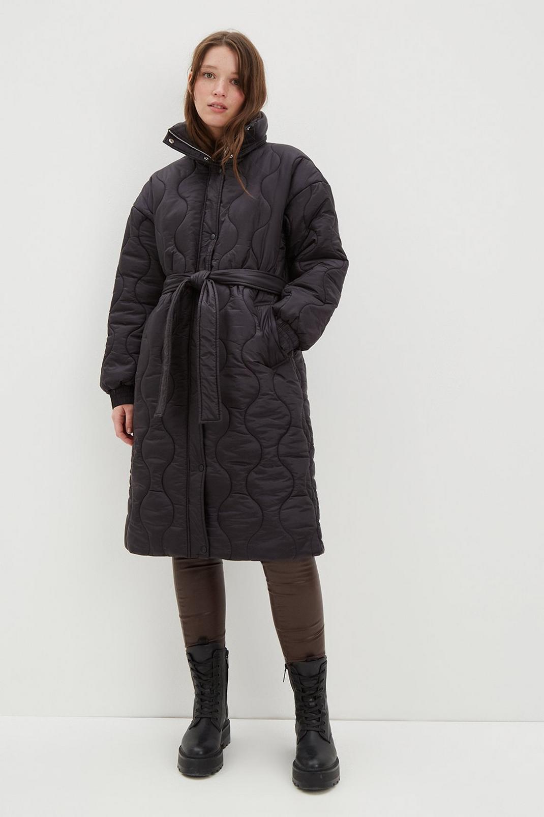 Black Longline Glossy Quilted Padded Coat image number 1
