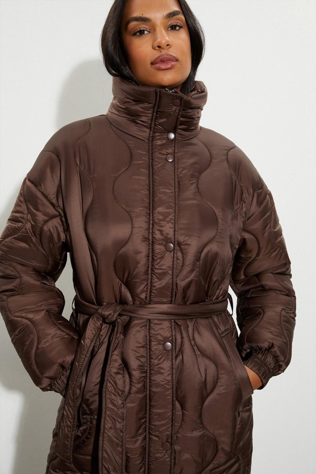 Chocolate Longline Glossy Quilted Padded Coat image number 1