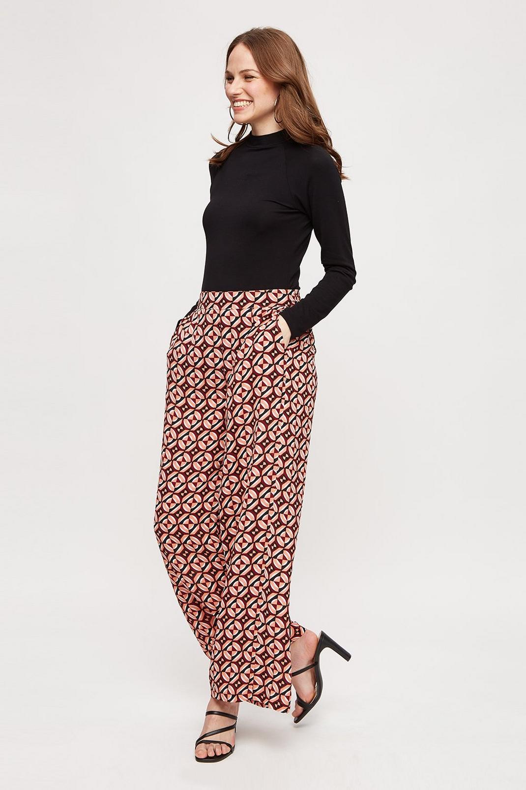 157 Red Geo Print Wide Leg Trousers image number 1