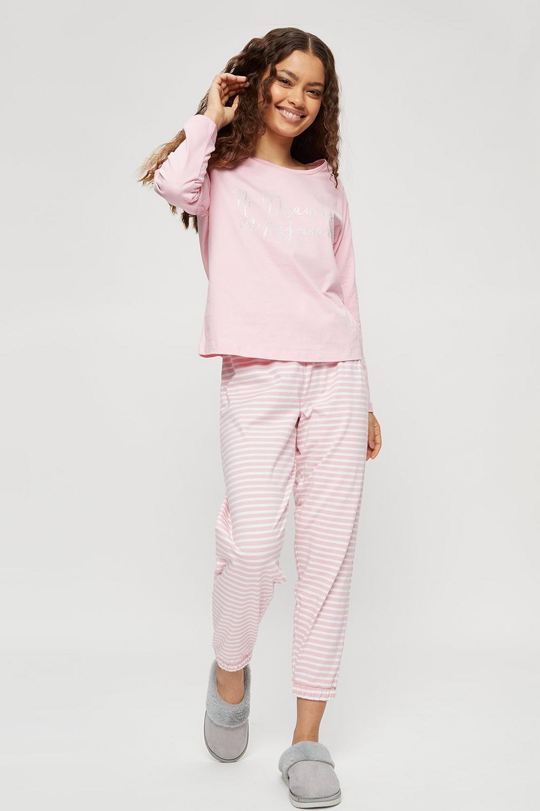 Petite Pink Slogan Long Sleeve Pyjama Set image number 1