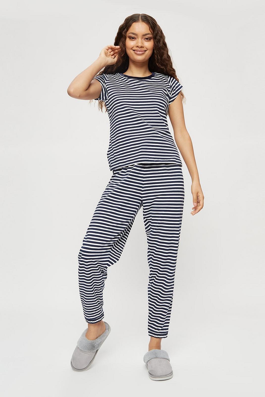 148 Petite Navy Stripe Short Sleeve Pyjama Set image number 1