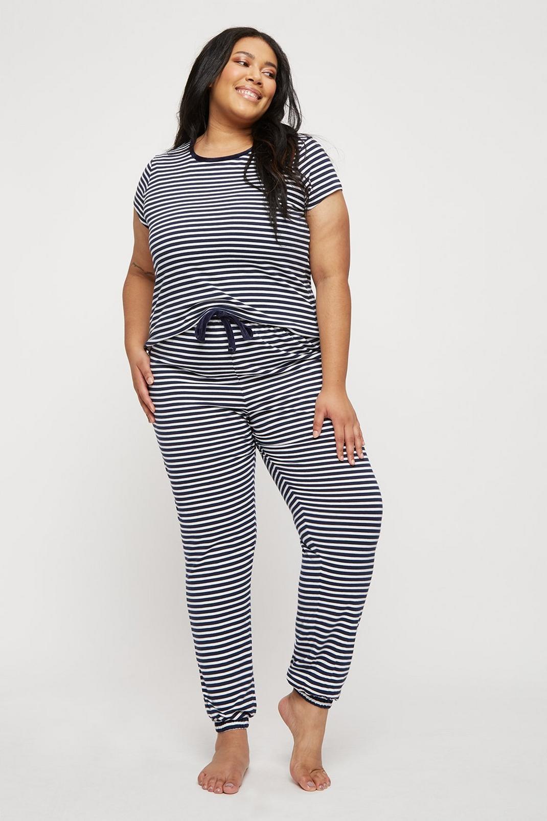 Curve Navy Stripe Short Sleeve Pyjama Set image number 1