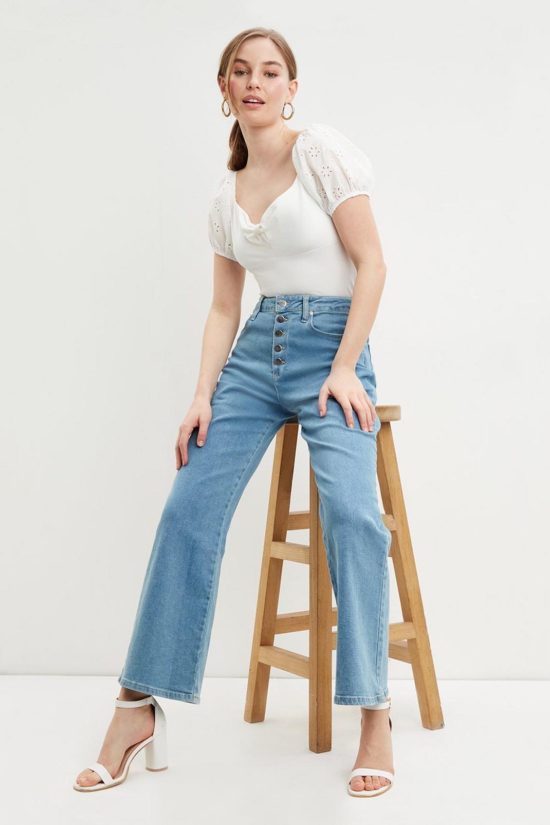 Light wash Button Fly Wide Leg Jeans image number 1
