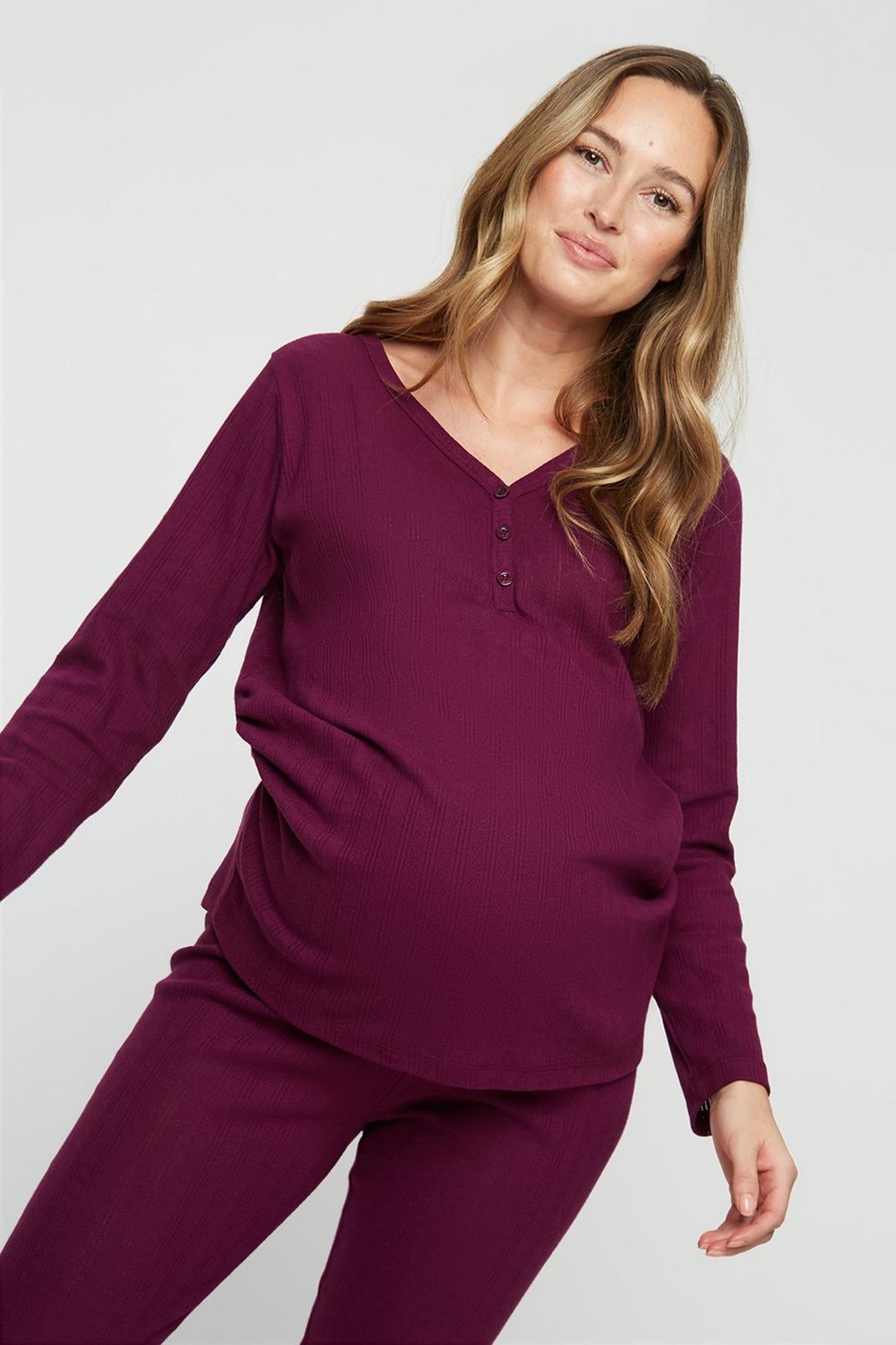 Maternity Purple Nursing Pointelle Pyjama Set image number 1