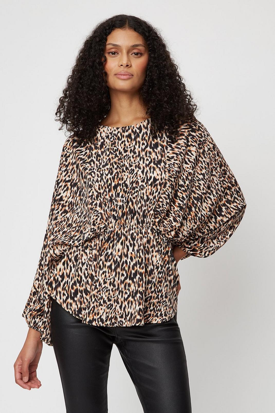 Brown Leopard Print Batwing Blouse image number 1