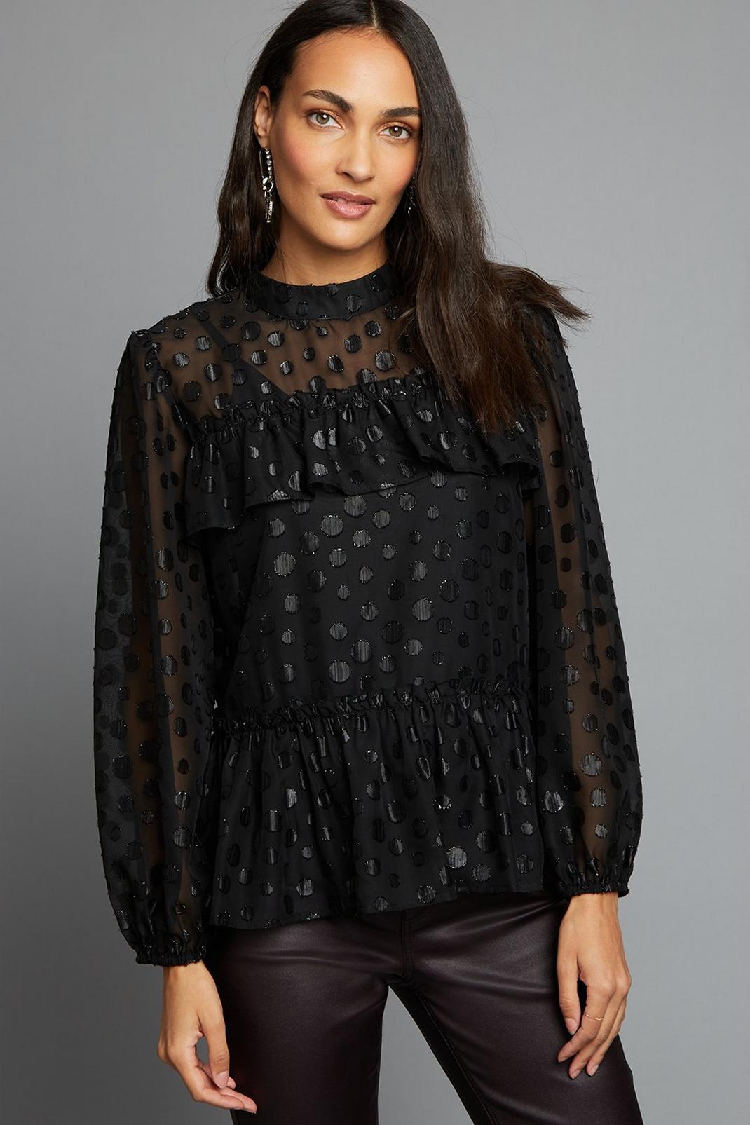Black Glitter Dobby Spot Tiered Ruffle Top image number 1
