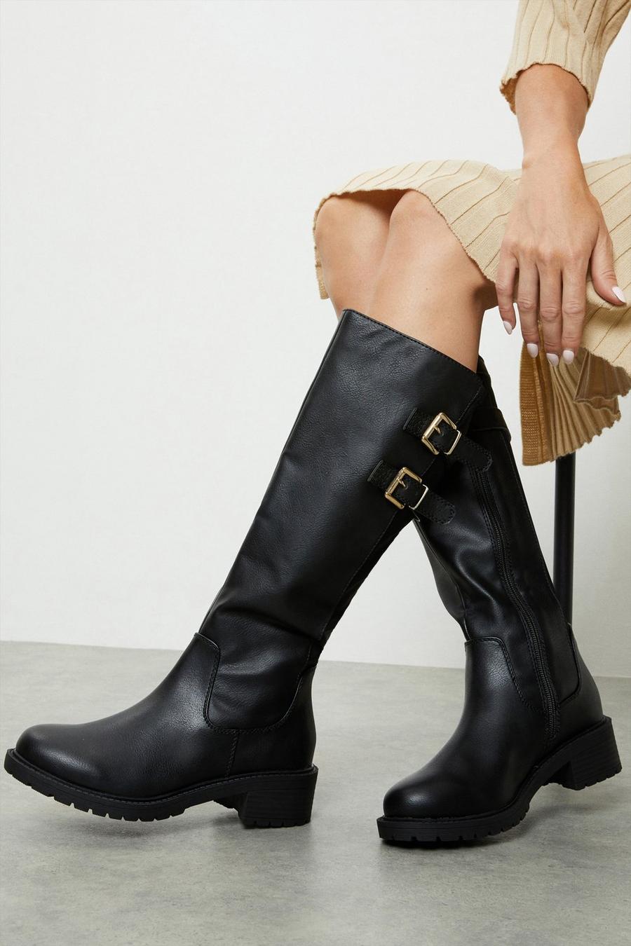 Wide Fit Kiara Double Buckle Knee High Boots