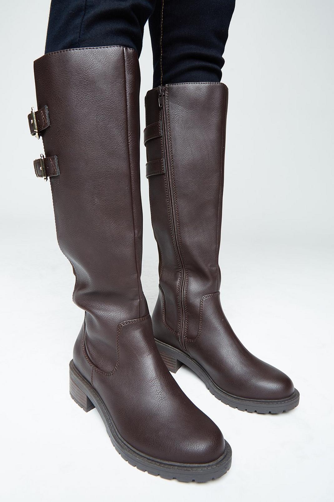 Chocolate Wide Fit Kiara Double Buckle Knee High Boots image number 1