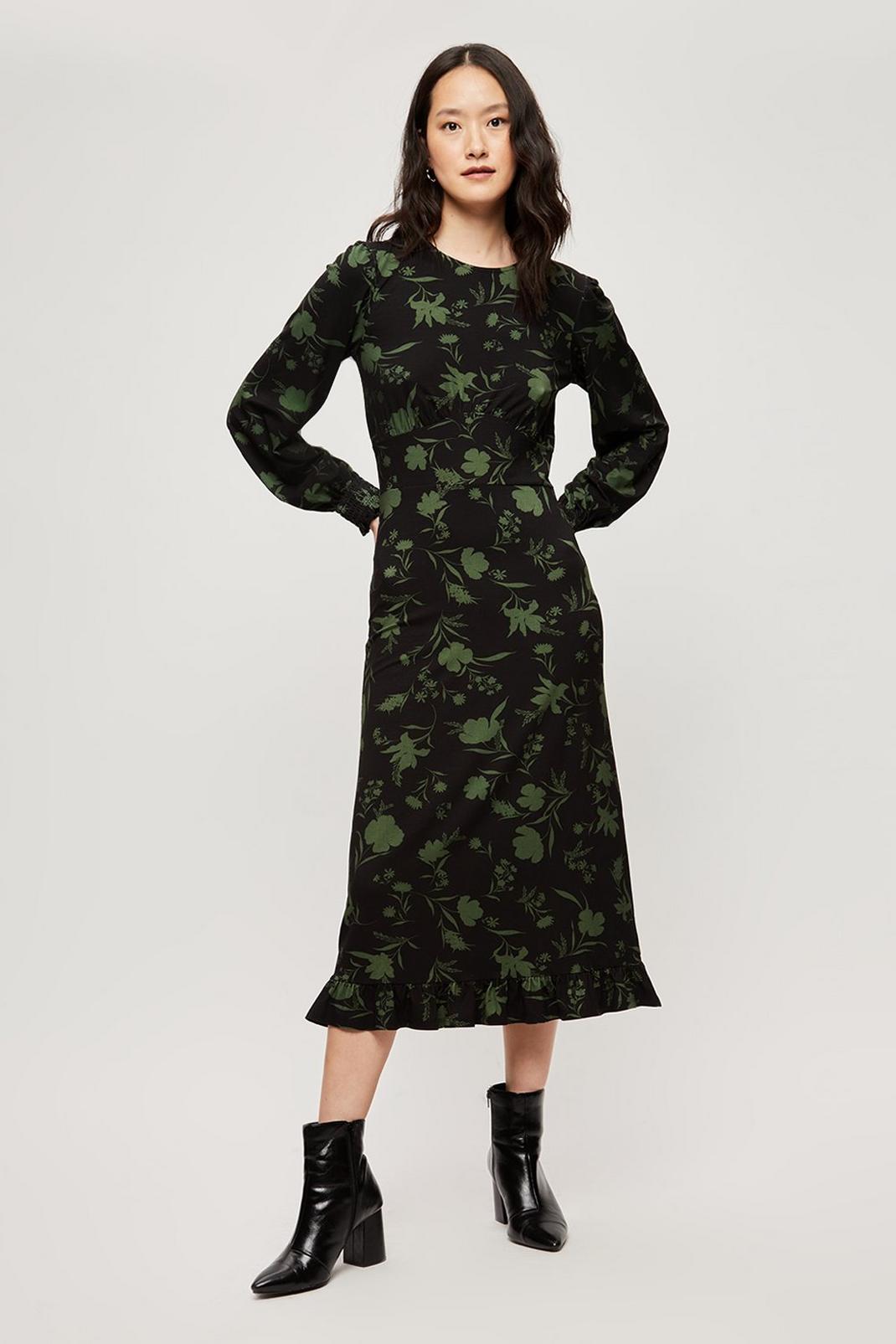 105 Green Large Floral Ruffle Hem Midi Dress image number 1