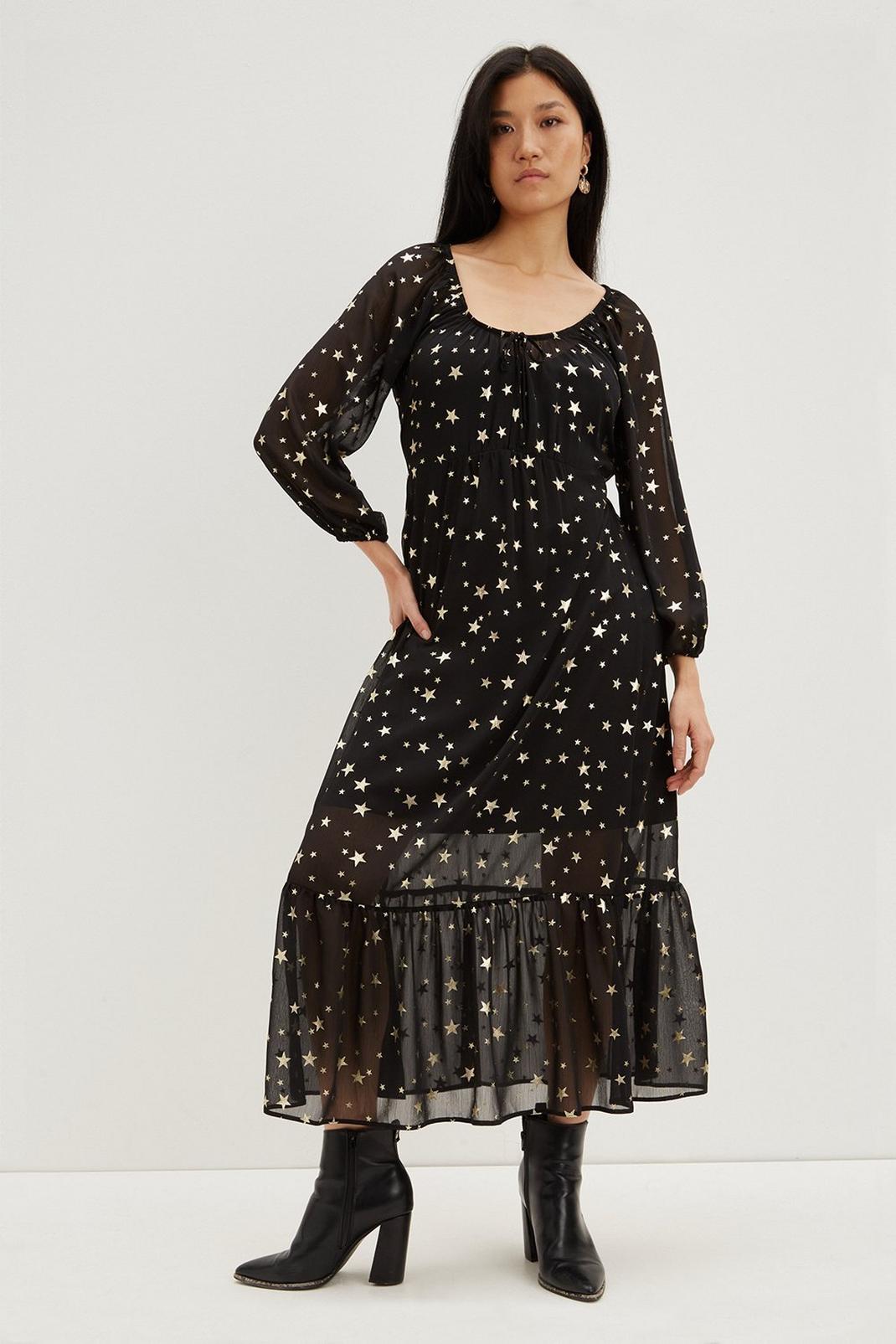 Black Gold Foil Star Tiered Midi Dress image number 1