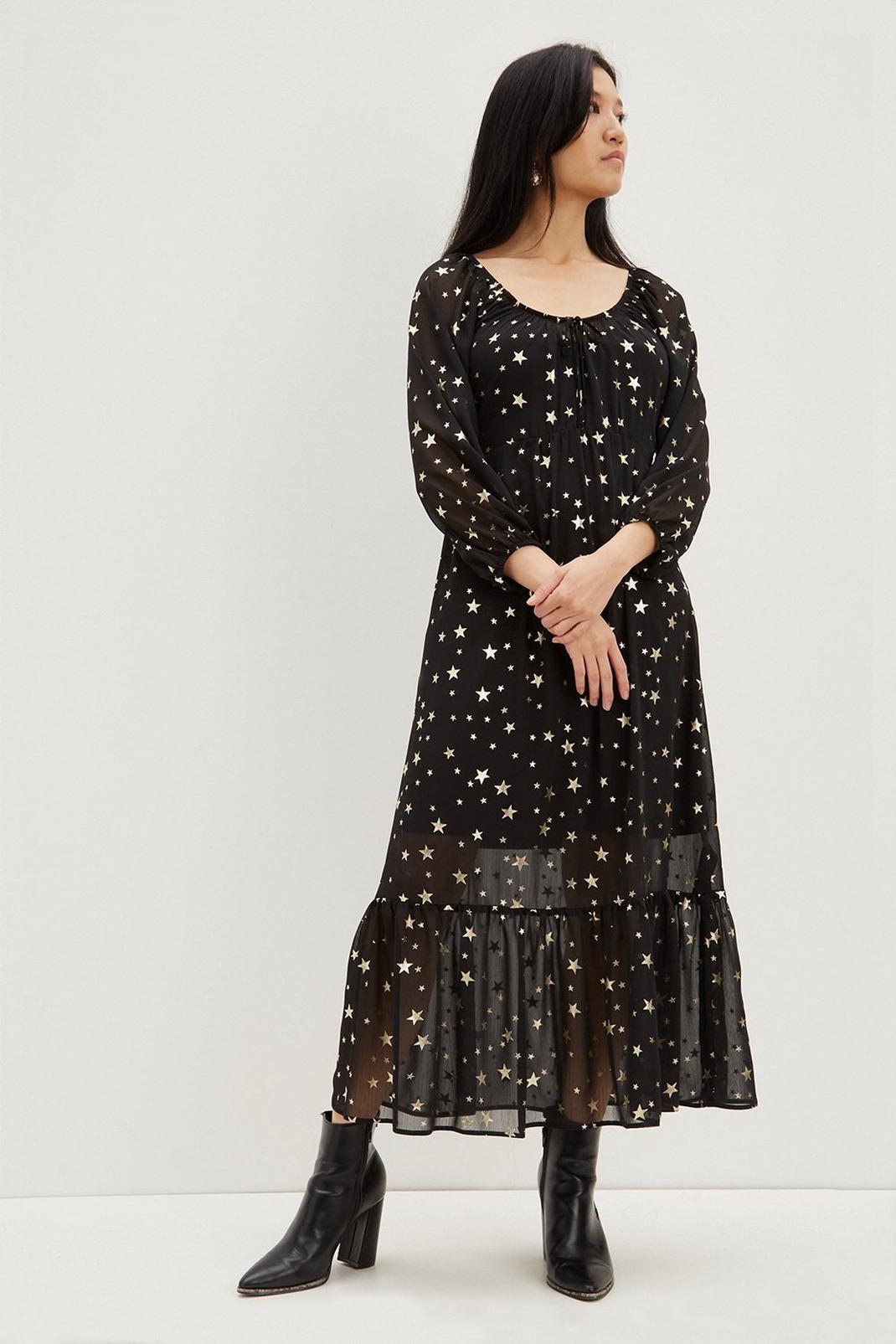 105 Faith Black Shimmer Gold Tiered Midi Dress image number 2