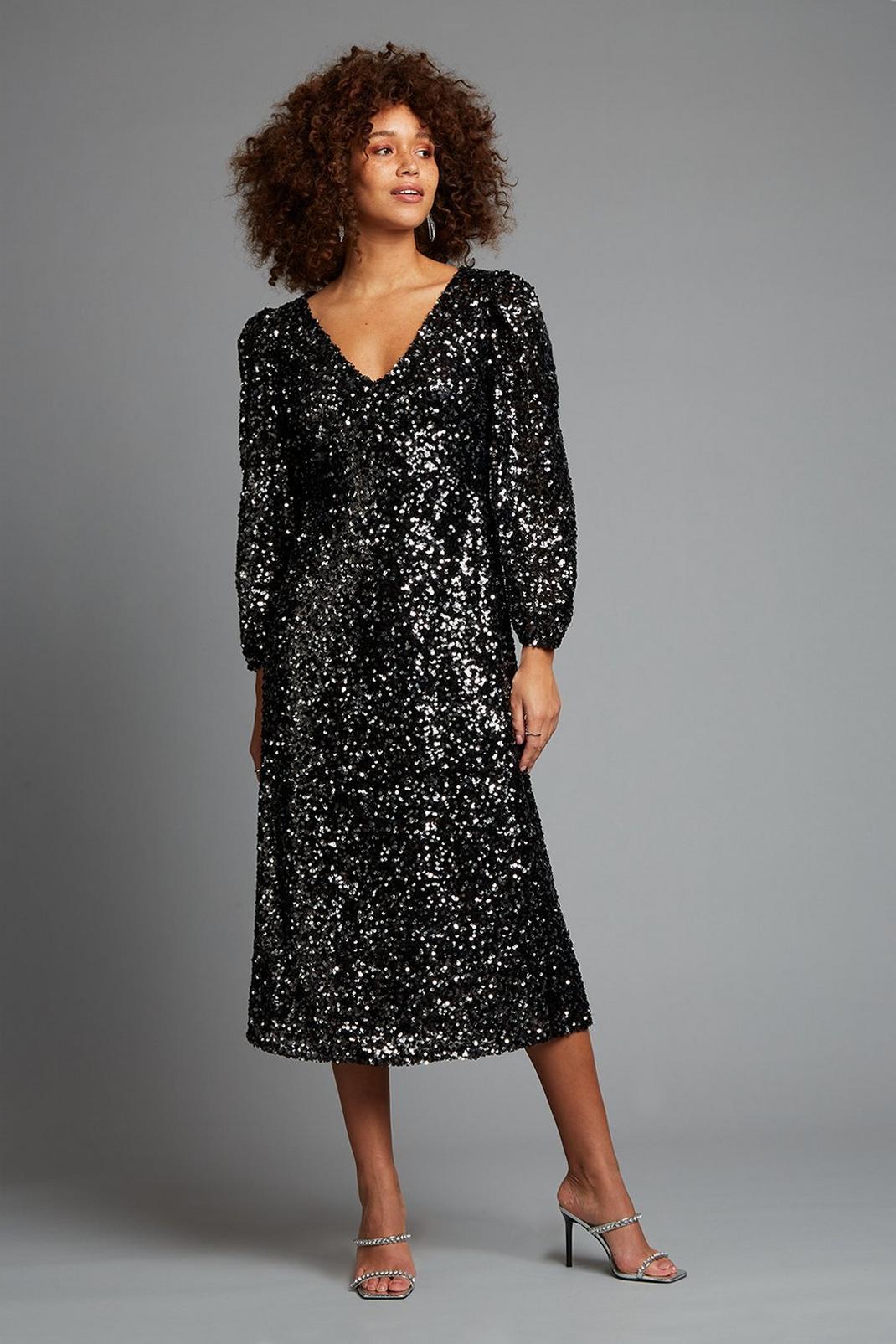 105 Black Sequin Midi Dress image number 1