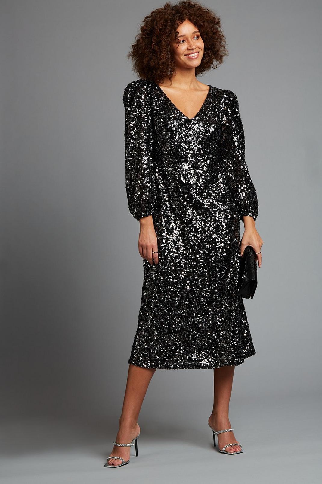105 Black Sequin Midi Dress image number 2
