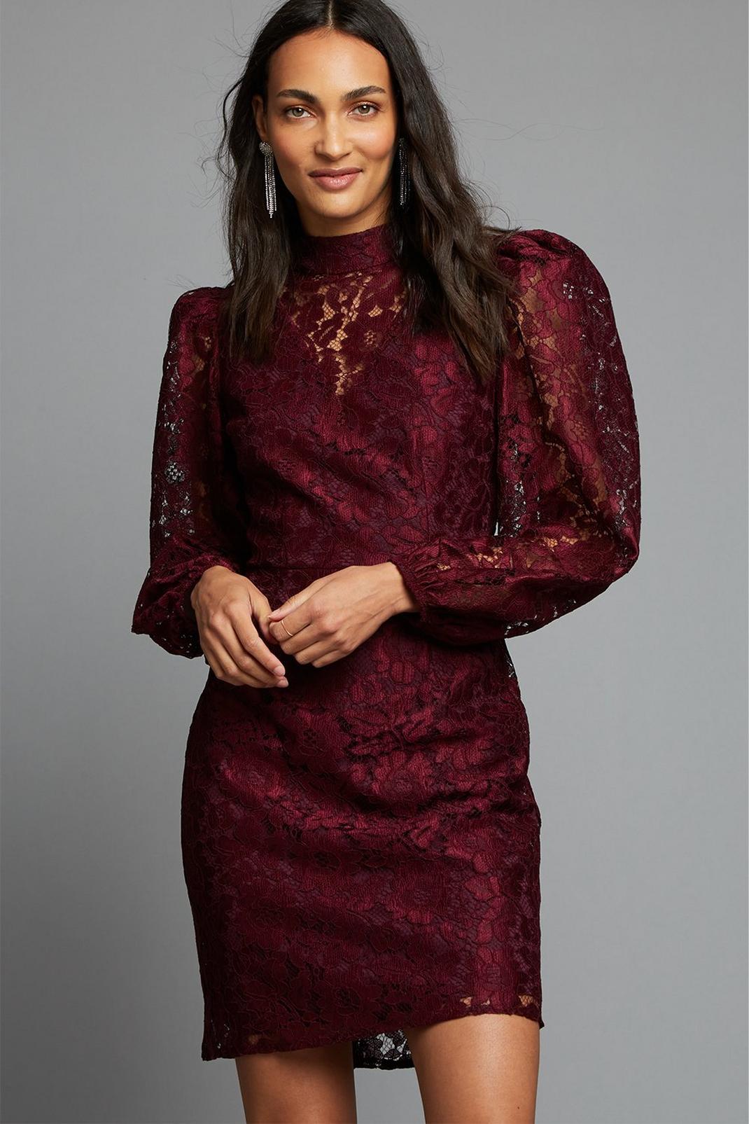 104 Berry Lace High Neck Mini Dress image number 1