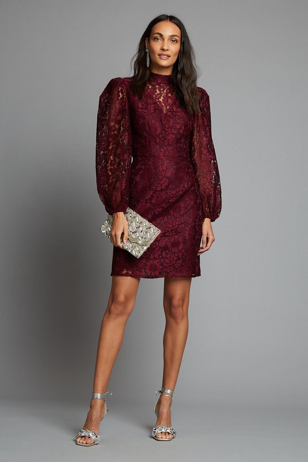 104 Berry Lace High Neck Mini Dress image number 2