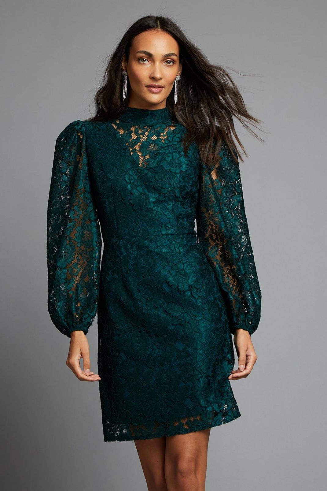 168 Teal Lace High Neck Mini Dress image number 1