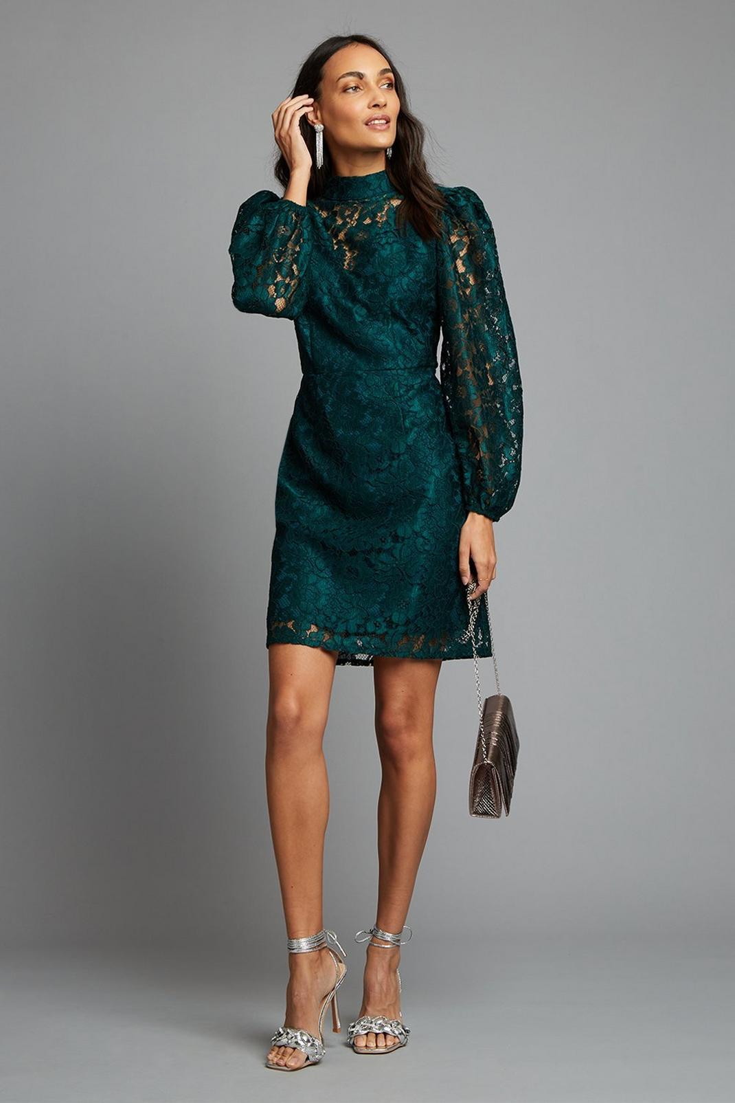 168 Teal Lace High Neck Mini Dress image number 2