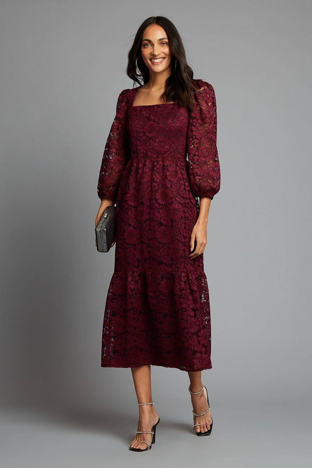 Berry Lace Square Neck Midi image number 1