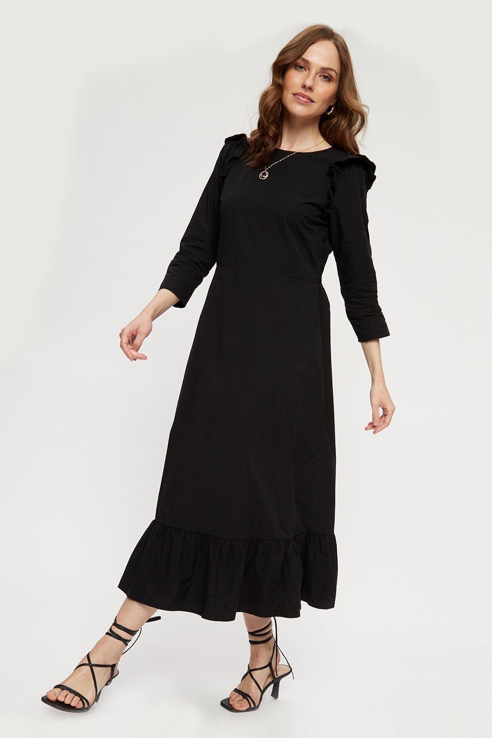 frill sleeve black dress