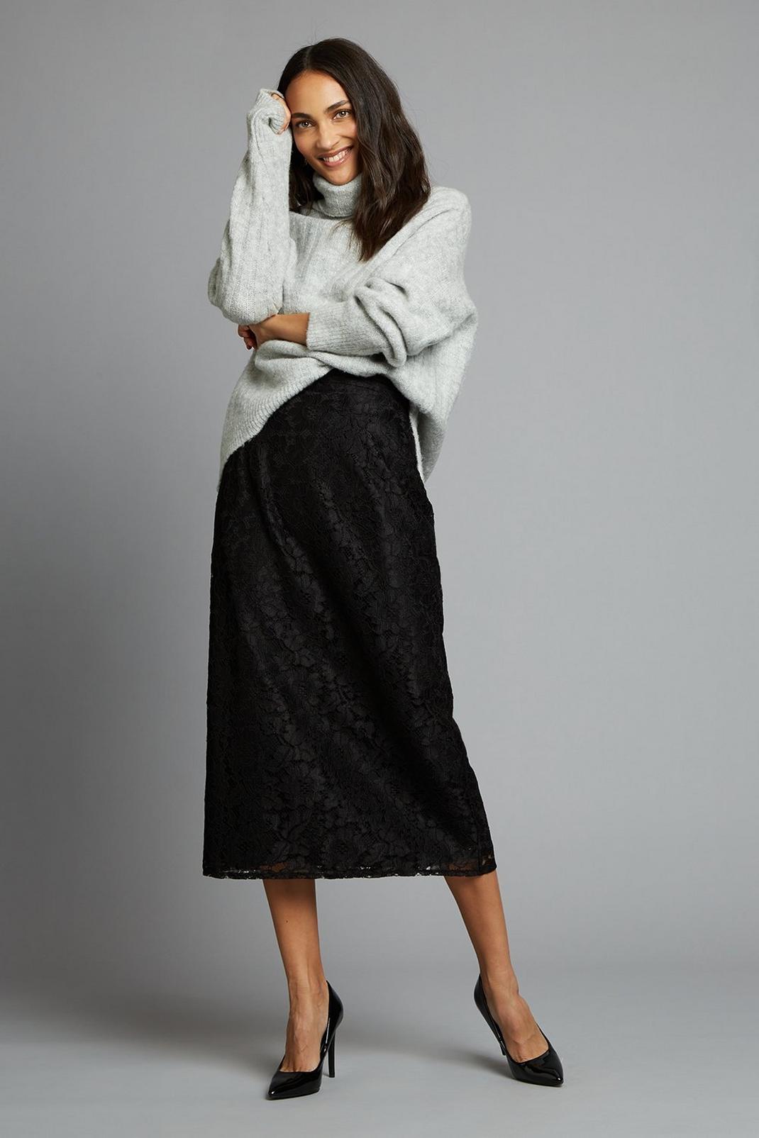 Black Floral Lace Midi Skirt image number 1