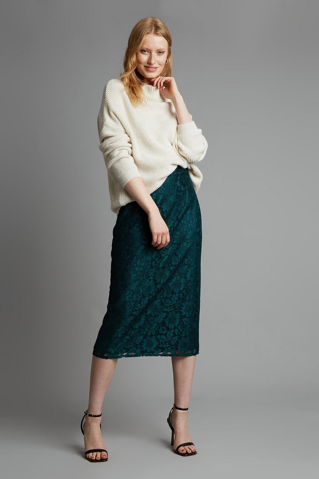 Teal Floral Lace Midi Skirt image number 1