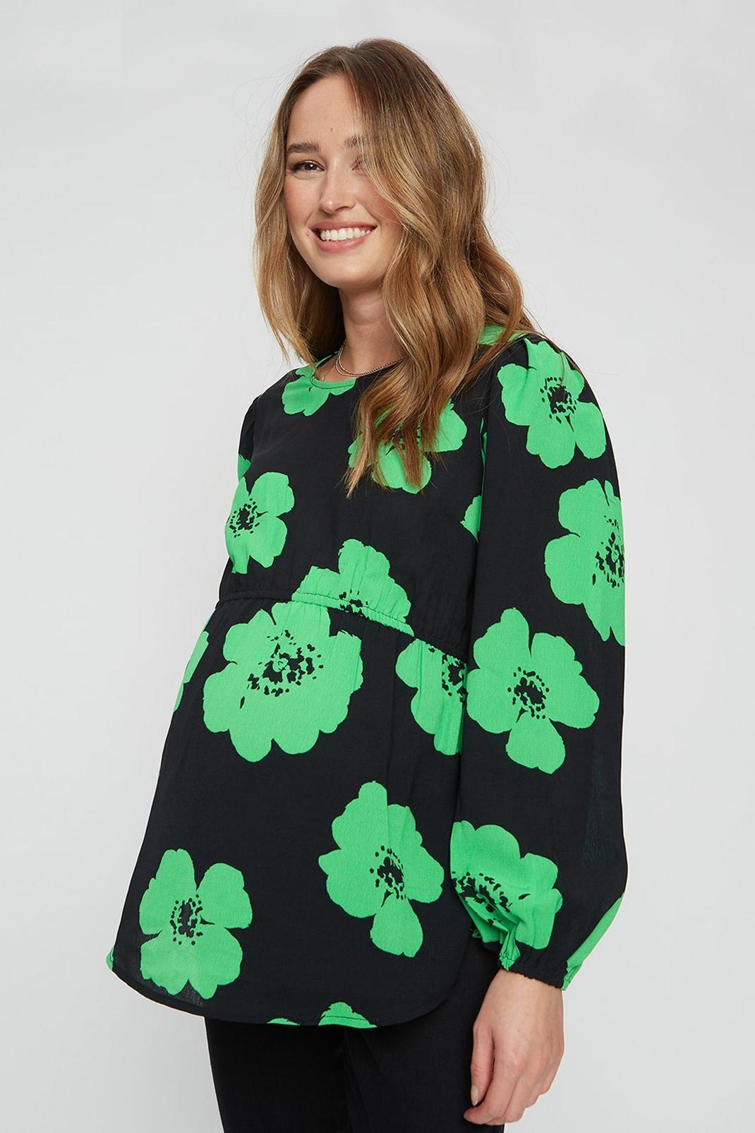 130 Maternity Green Floral Shirred Waist Top image number 1