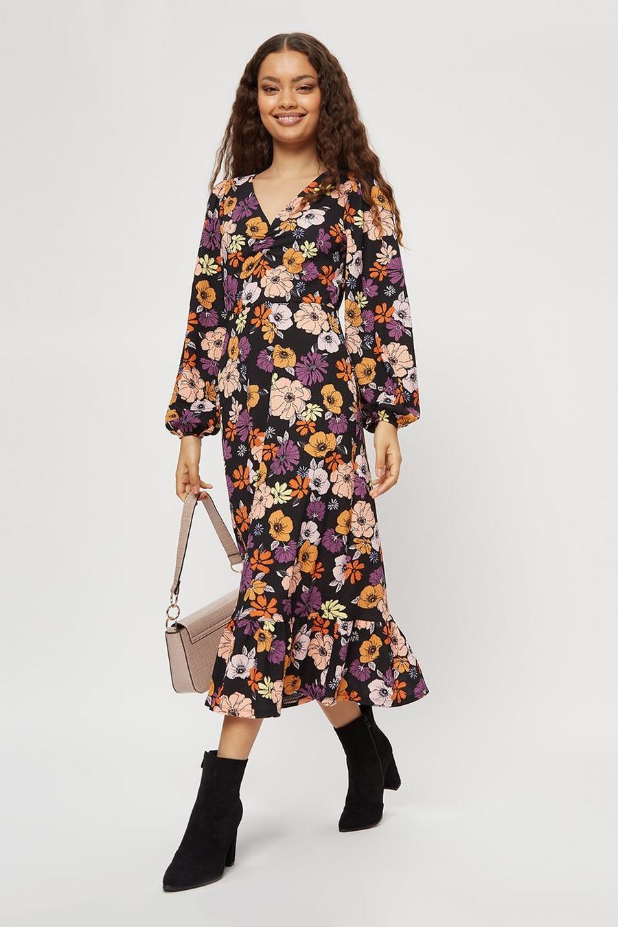 Petite Multi Floral Textured Ruched Front Midi Dress