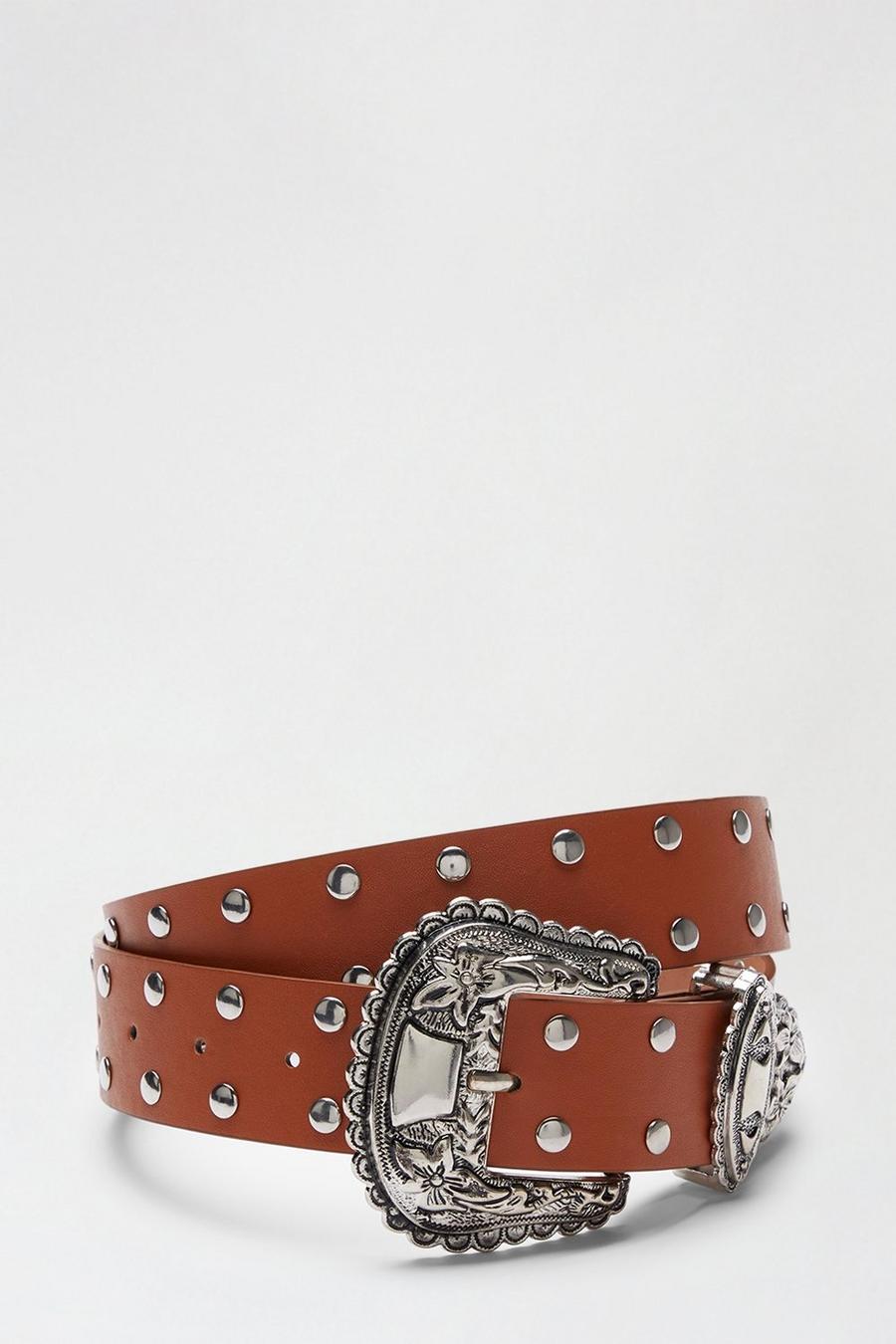 Tan Studded Belt With Western Buckle