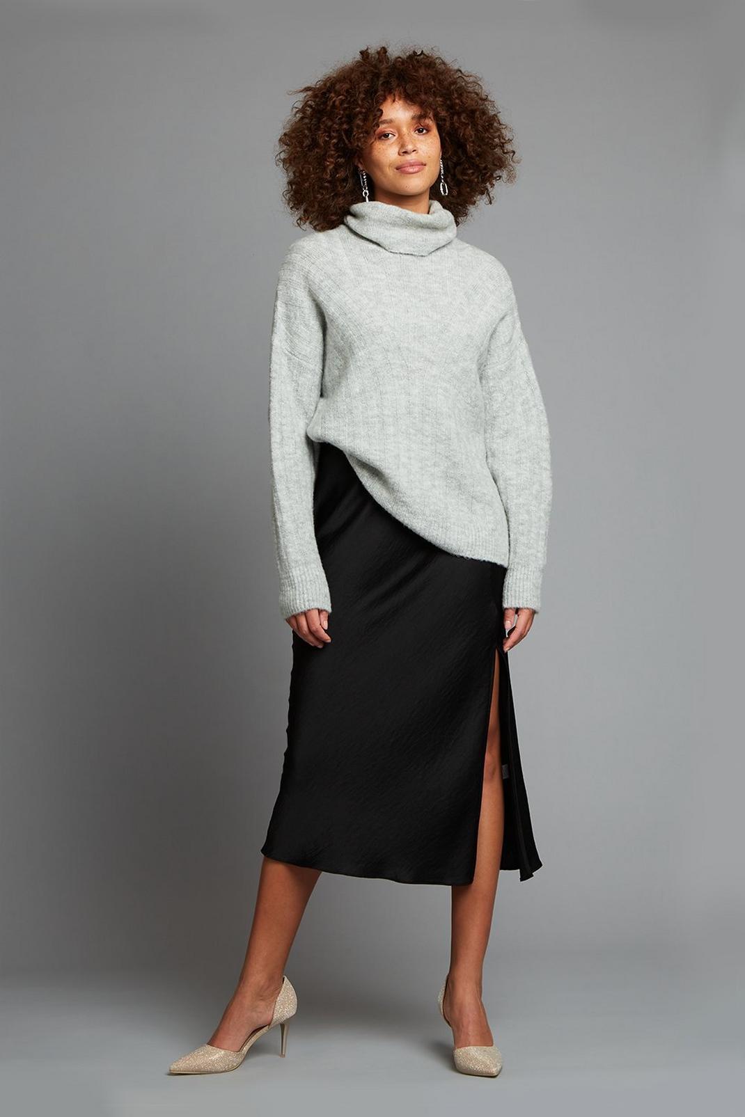 105 Black Satin Split Midi Skirt image number 1