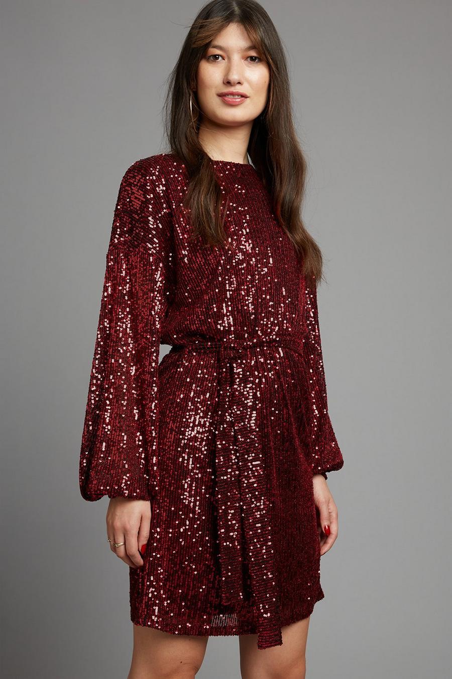 Red Sequin Belted Mini Dress