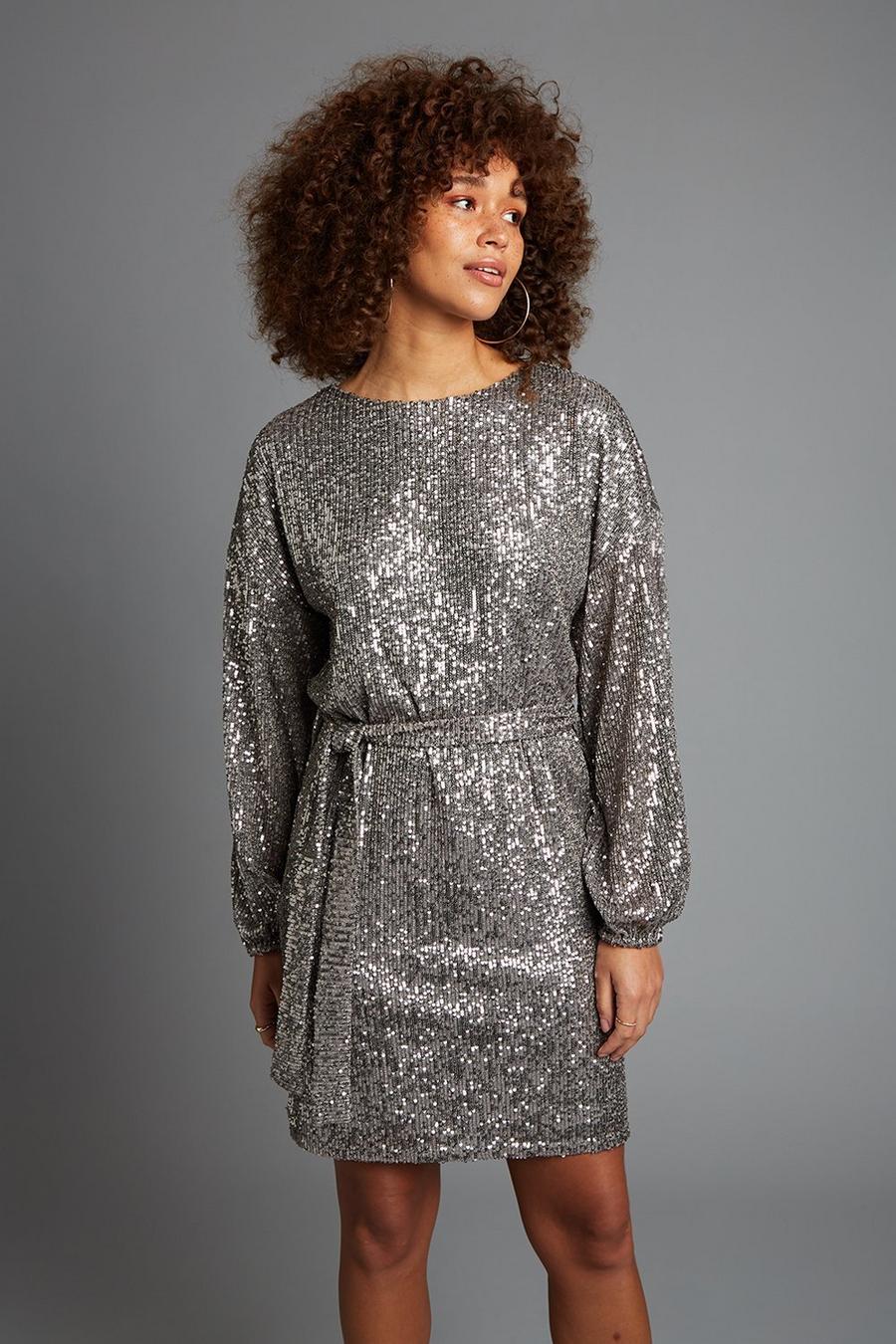 Silver Sequin Belted Mini Dress