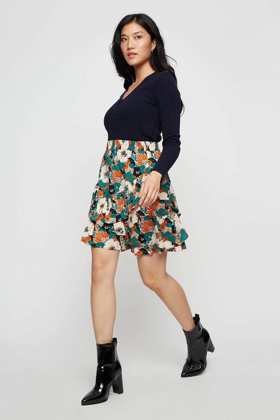 Green Floral Ruffle Mini Skirt