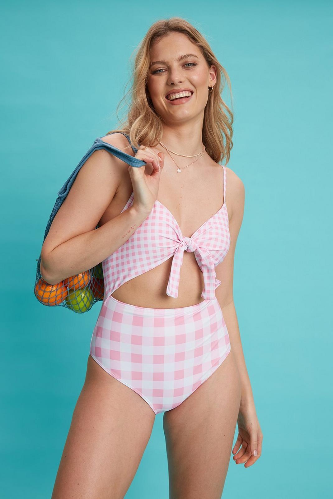 Bright pink Pink Gingham Tie Front Swimsuit image number 1