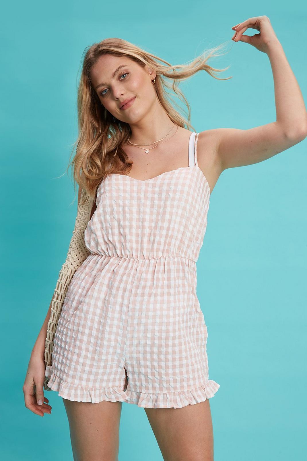 Baby pink Pink Strappy Gignham Playsuit image number 1