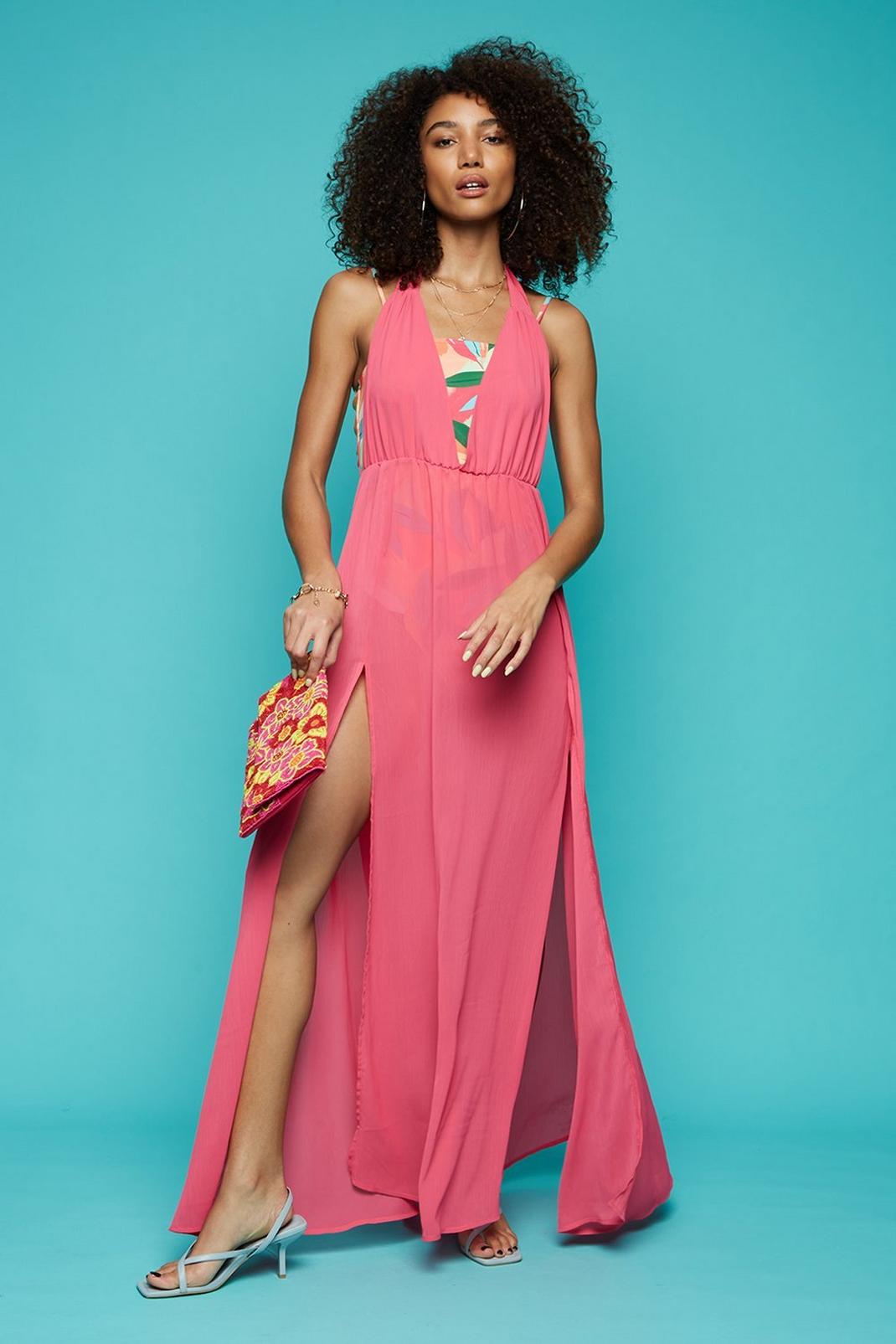 Bright pink Pink Halter Chiffon Maxi Dress image number 1
