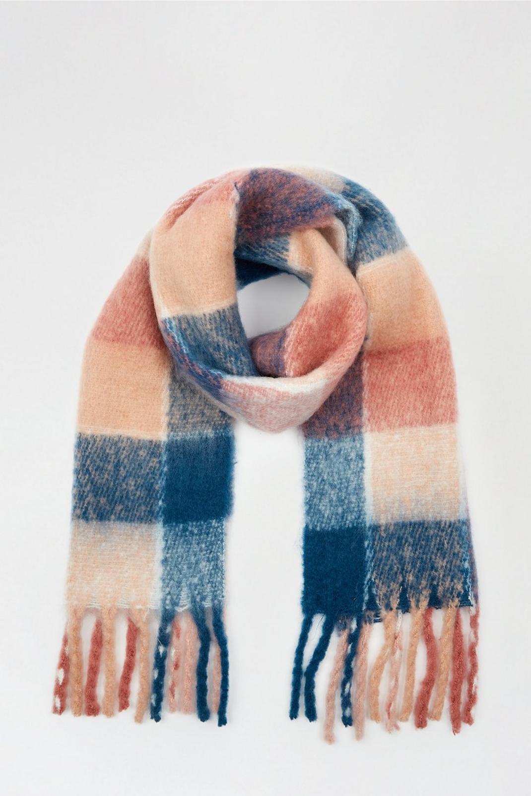 144 Blue And Pink Checked Tassel Scarf image number 2
