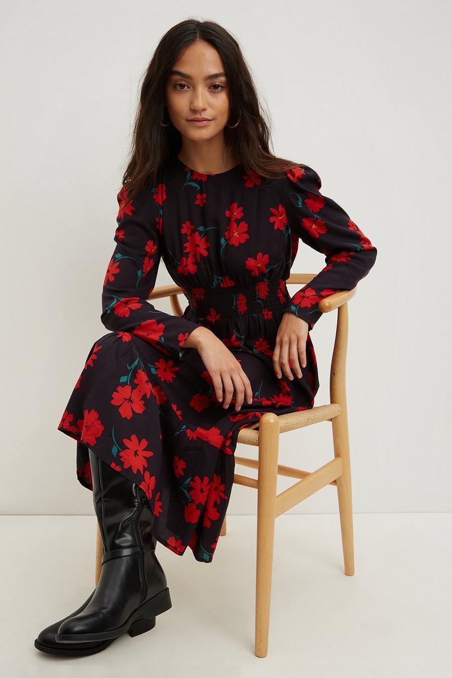 Petite Red Floral Ruched Waist Midi Dress