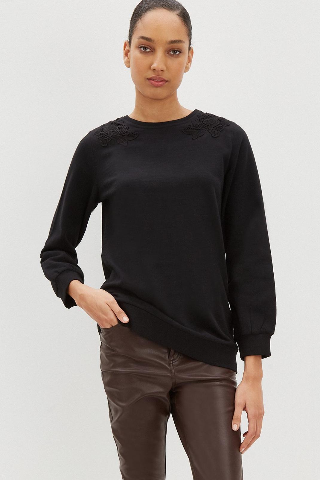 Black Lace Shoulder Longline Sweatshirt image number 1