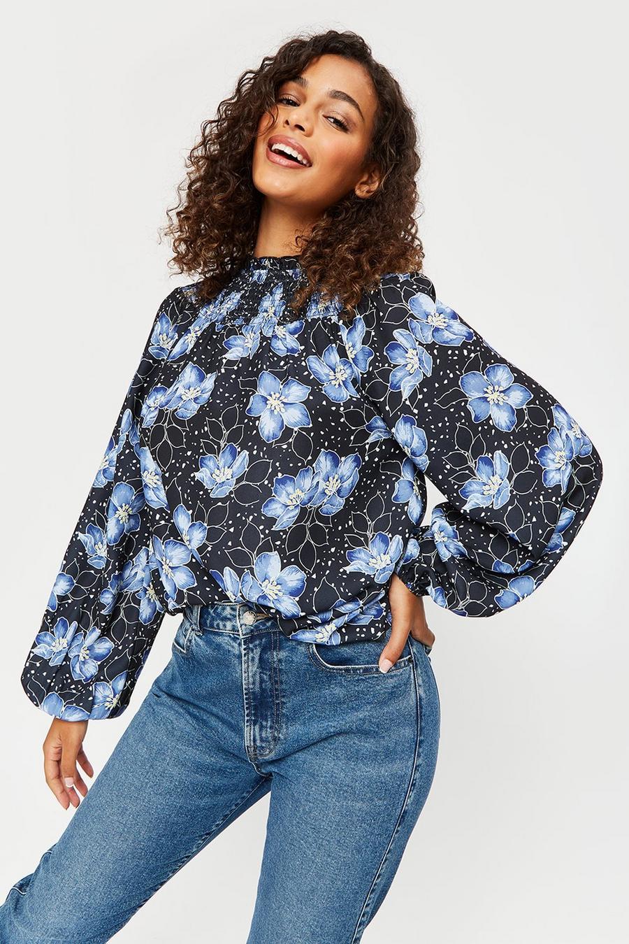 Tall Blue Floral Shirred Neck Top