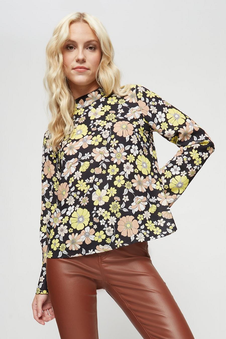 Yellow Floral Mock Neck Top