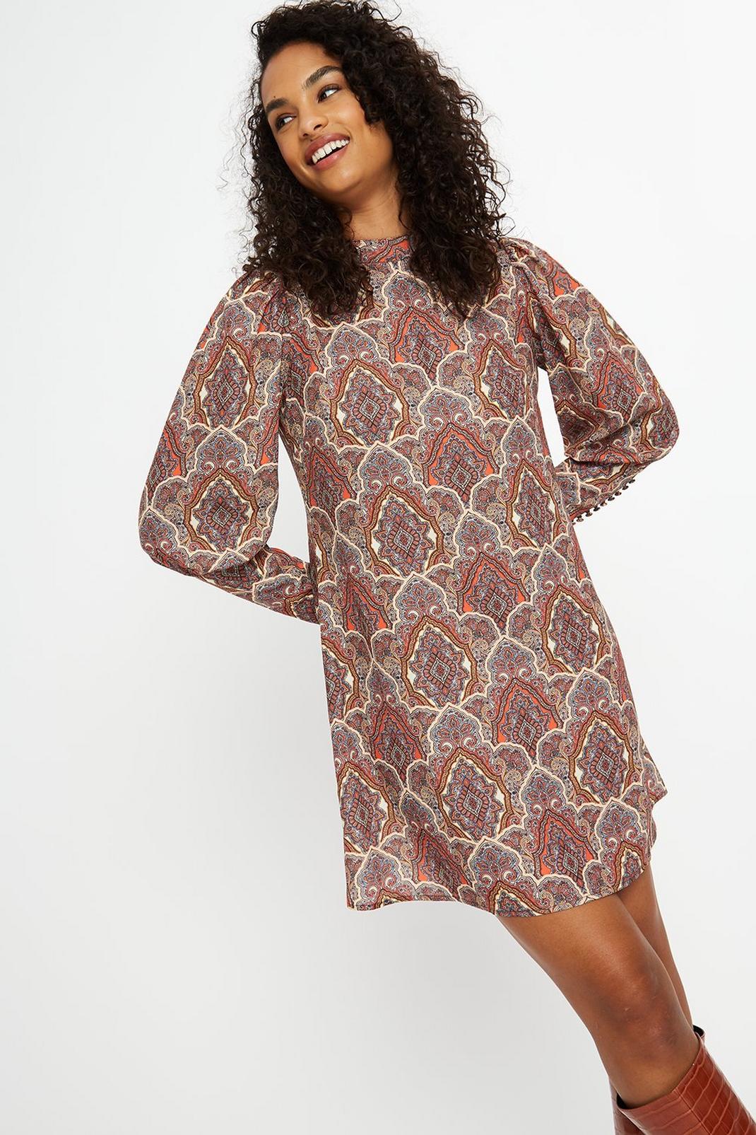 109 Brown Tapestry Mutton Sleeve Mini Dress image number 2