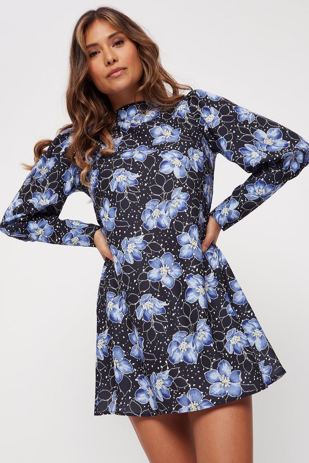 Blue Floral Mutton Sleeve Mini Dress | Dorothy Perkins EU