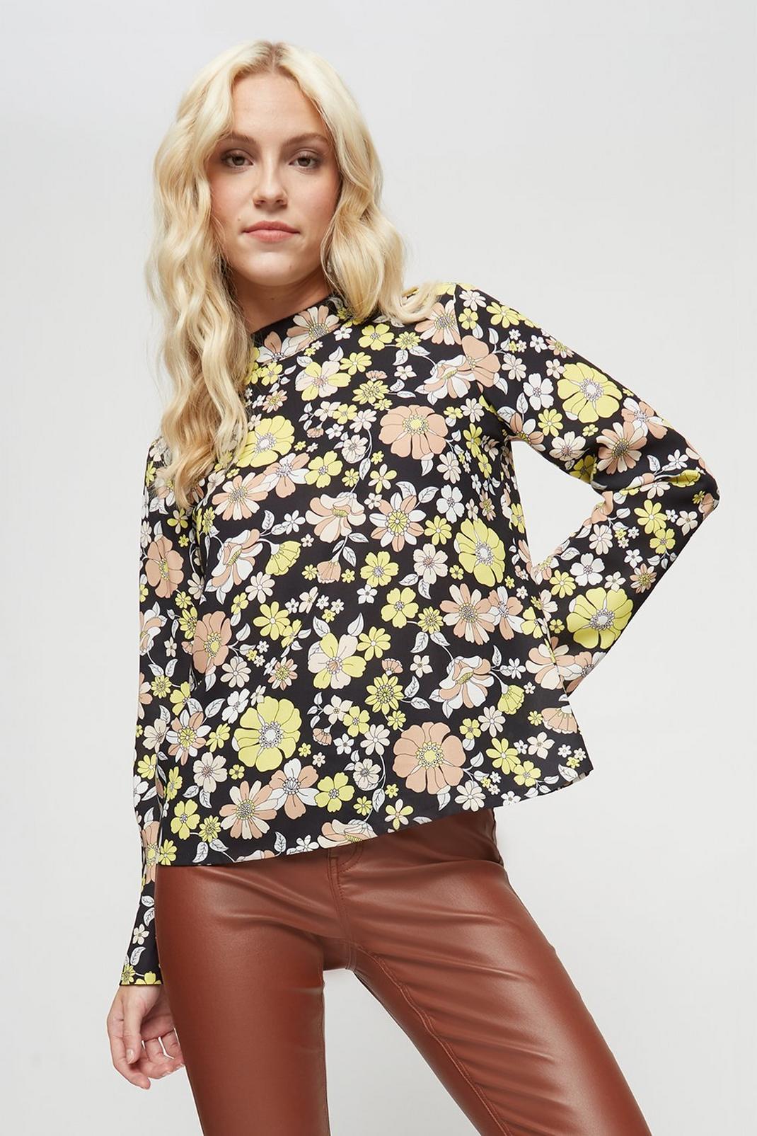 105 Petite Yellow Floral Mock Neck Top image number 1