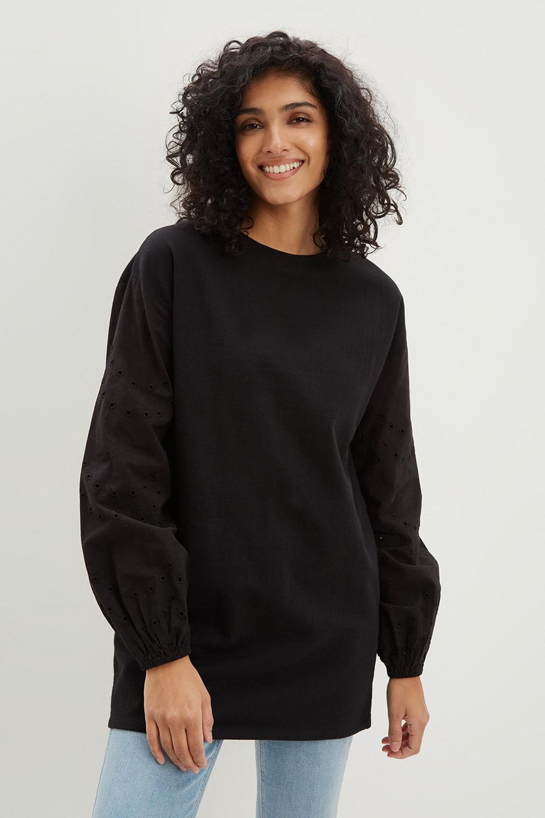 Black Broderie Sleeve Tunic Sweatshirt image number 1