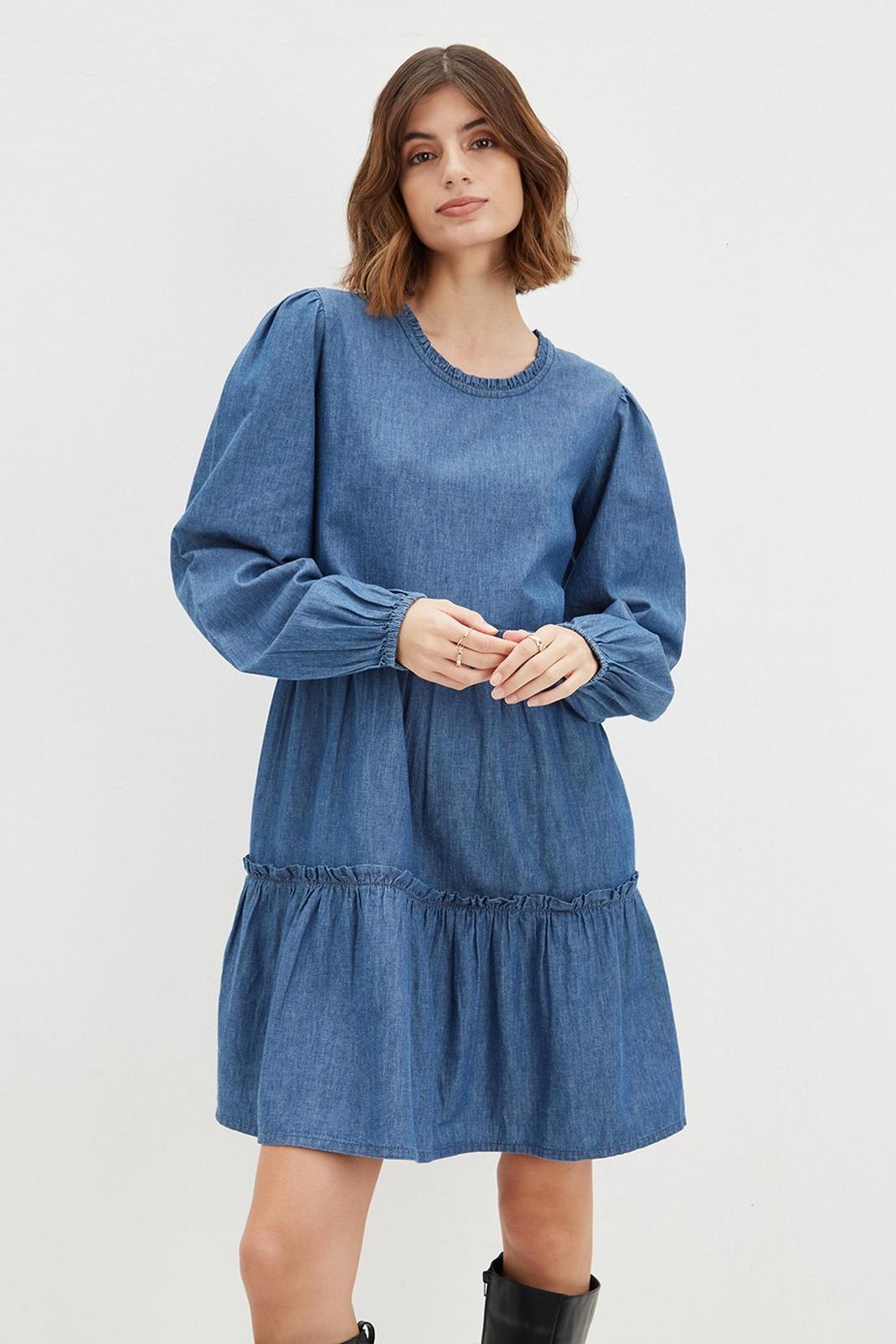 132 Tall Denim Long Sleeve Tiered Dress image number 2