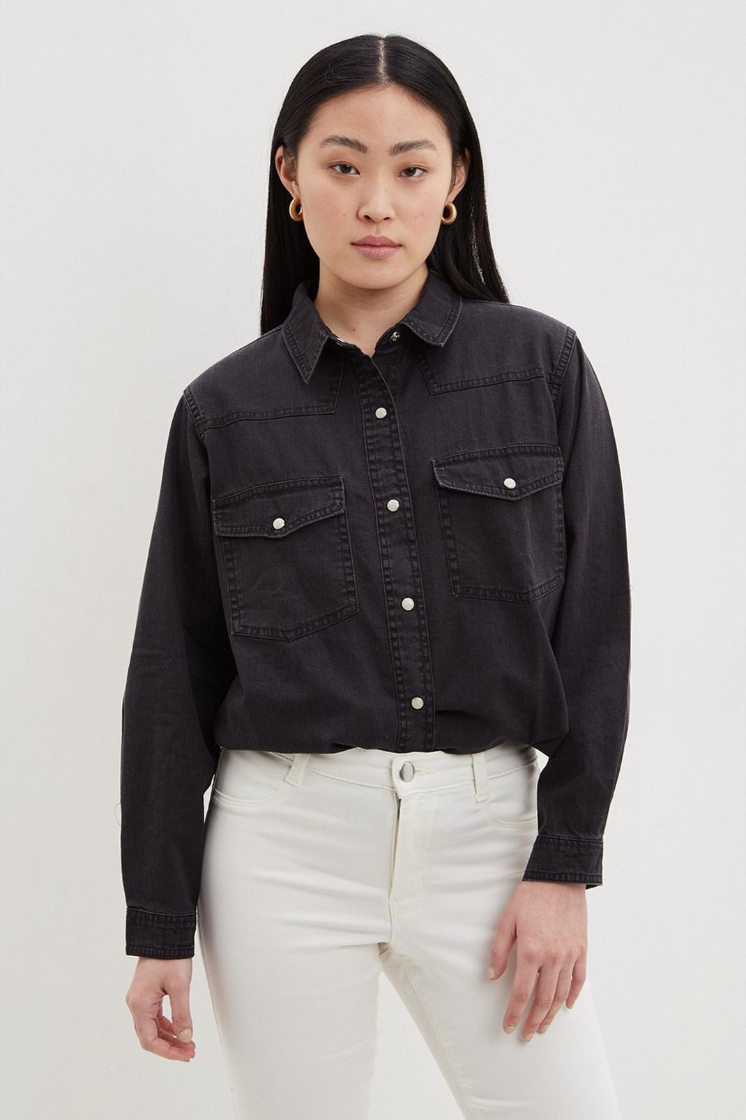 Black Petite Oversized Denim Shirt image number 1